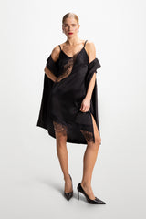 Isobel Asymmetric Lace Satin Dress | Black