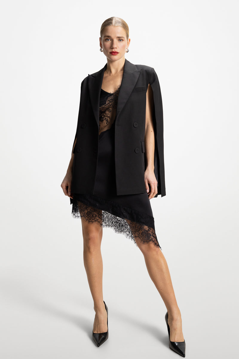 Isobel Asymmetric Lace Satin Dress | Black