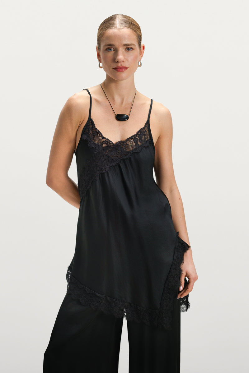 Sofia Asymmetric Lace Satin Vest | Black – JAKI