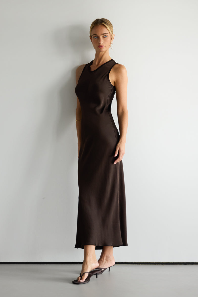 espresso brown satin dress S Espresso Chocolate Strapless Midi Bridesmaid Dress main image 1