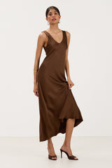 Front view of dark brown satin maxi slip dress
