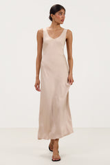 Front view of sand beige satin slip dress
