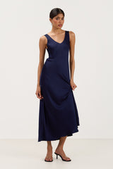 Front view of navy satin maxi slip dress