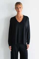 Layla V Neck Sweater | Black | Fine Knit