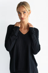 Layla V Neck Sweater | Black | Fine Knit
