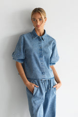 Bria Puff Sleeve Top | Marble Bleach Denim