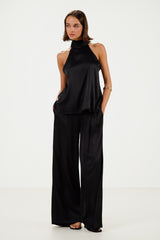 Roxane Halterneck Satin Tie Back Top | Black