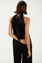 Roxane Halterneck Satin Tie Back Top | Black