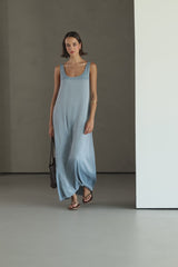 Chiara Matte Satin Dress | Dusty Blue